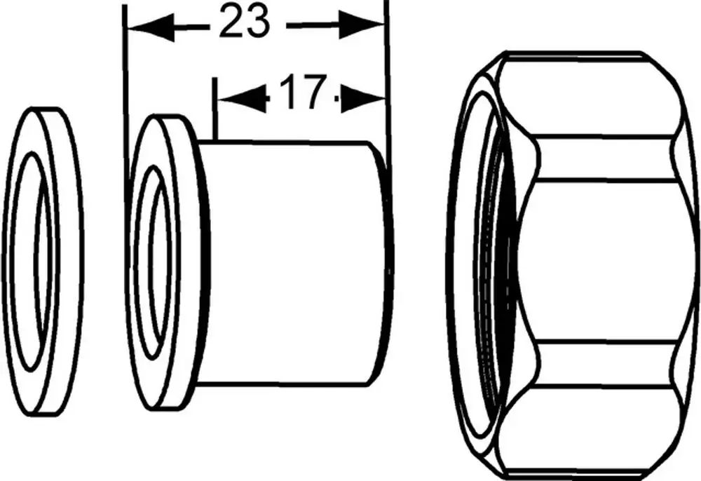 Verschraubung mit Lötnippel, seitlich montiert, bestehend aus zwei Dichtungen und einem zylindrischen Element. Anwendung in Heizungsanlagen von IMI Hydronic Engineering.